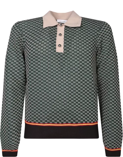 Wales Bonner Valley Green Beige Knit Polo Shirt