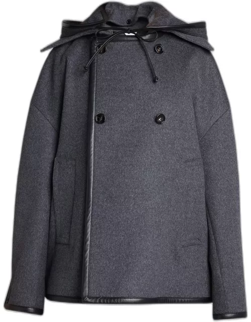 Double-Breasted Leather Trim Hooded Wool Coat
