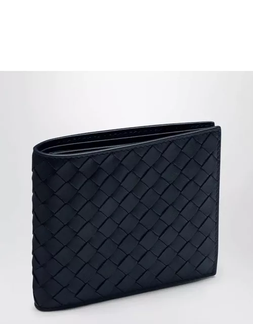 Blue bi-fold wallet in Intrecciato
