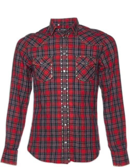 Dolce & Gabbana Red Plaid Checked Cotton Studded Shirt