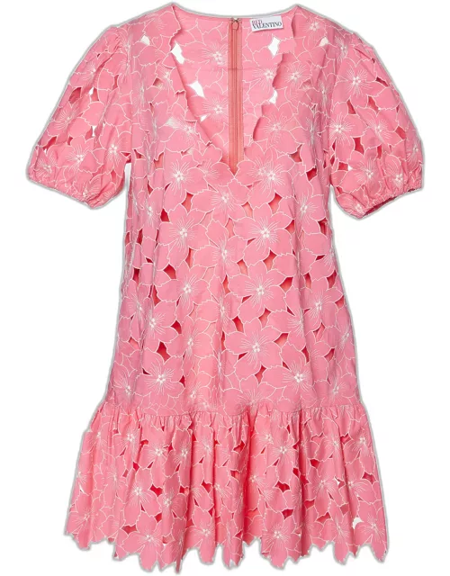 RED Valentino Pink Floral Embroidered Cut-Out Cotton Mini Dress