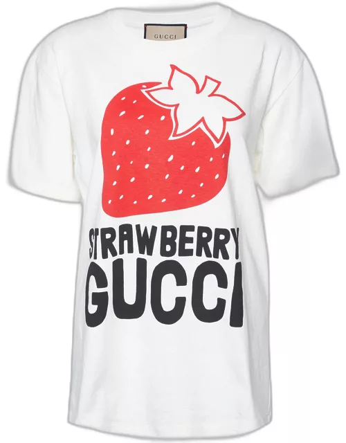 Gucci Ivory Strawberry Gucci Print Cotton Crew Neck T-Shirt