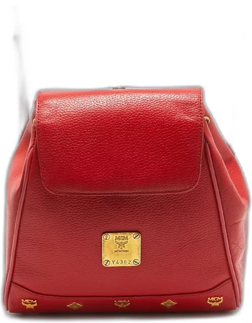 MCM Red Leather Studded Flap Backpack
