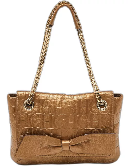 CH Carolina Herrera Bronze Monogram Embossed Leather Audrey Shoulder Bag