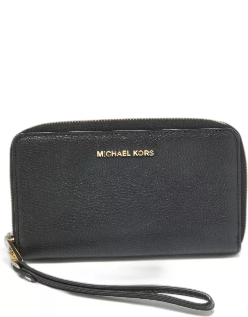 Michael Kors Black Leather Logo Zip Around Wristlet Wallet