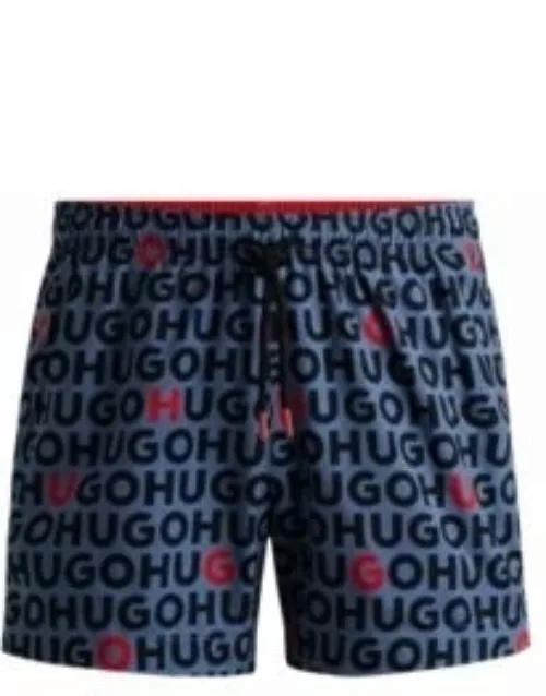 material swim shorts with logo print- Blue Men's Swim Short