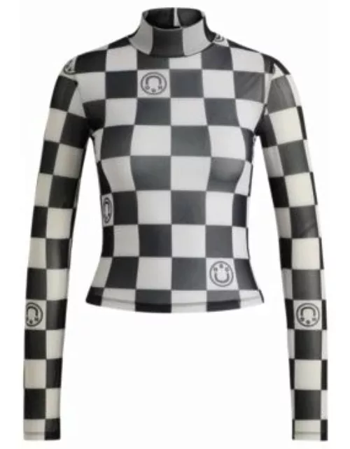 Cropped long-sleeved top in checkerboard-print stretch mesh- Patterned Women's Casual Top