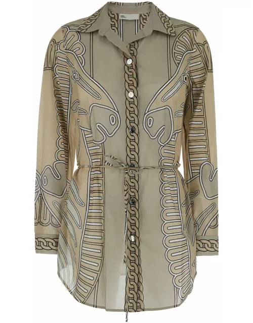 Tory Burch Beige Shirt With All-over Print And Belt In Cotton Woman