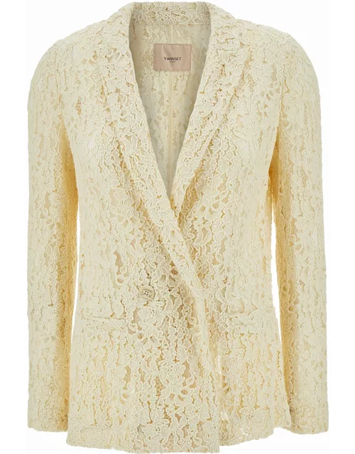 TwinSet Cream White Double-breasted Jacket With Logo Patch In Lace Woman