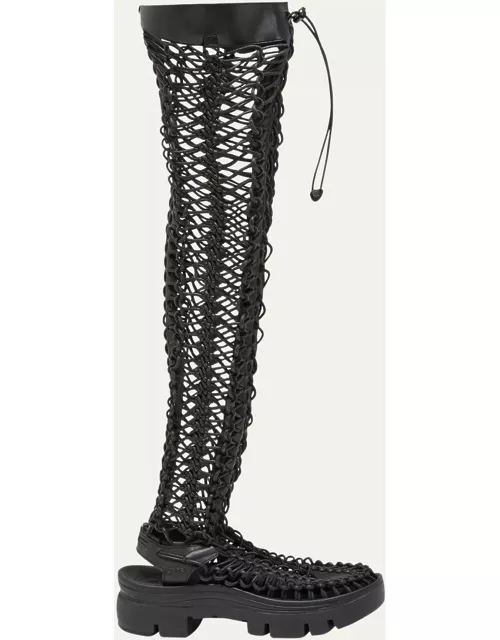 Leather Net Over-The-Knee Lace Boot