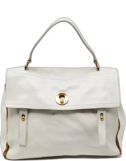 Yves Saint Laurent White/Brown Leather and Suede Large Muse Two Top Handle Bag