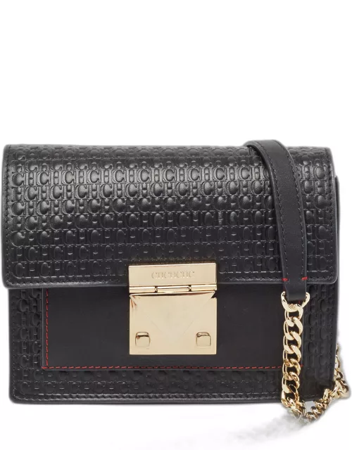 Carolina Herrera Black Monogram Embossed Leather Carry on Shoulder Bag