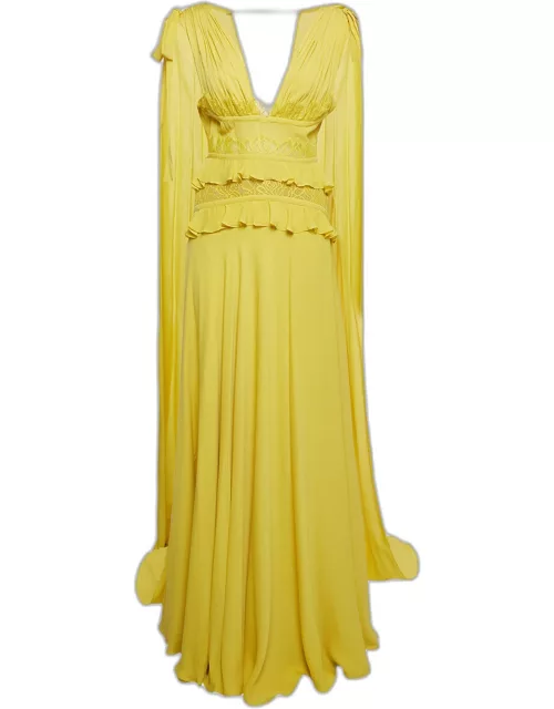 Elie Saab Yellow Silk Blend Lace Insert Ruffled Maxi Dress