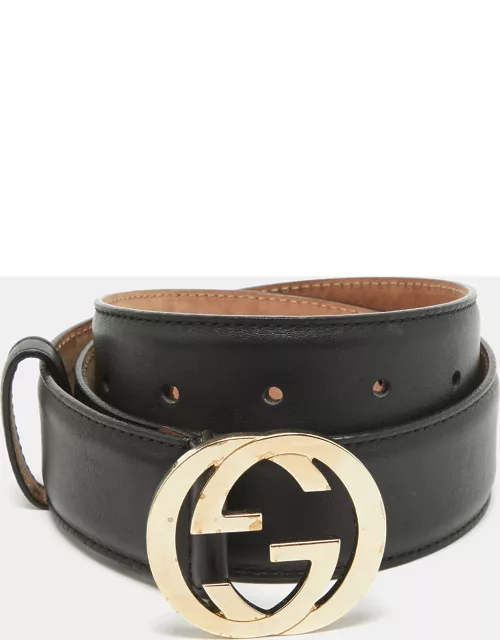 Gucci Black Leather Interlocking G Buckle Belt 85C