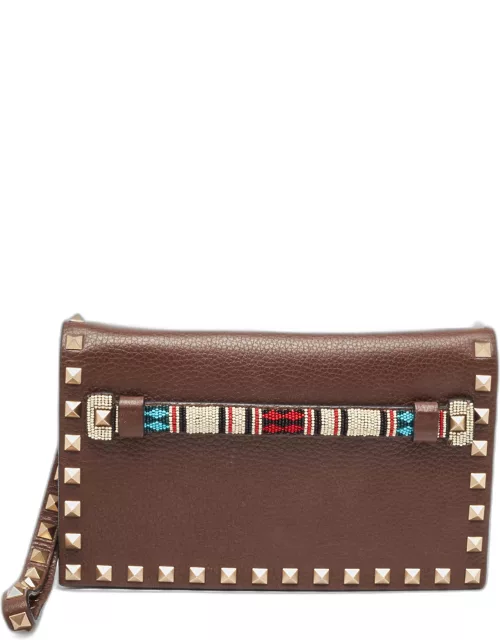 Valentino Brown Leather Beaded Rockstud Wristlet Clutch