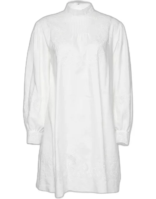 Celine White Cotton & Linen Embroidered Shift Dress