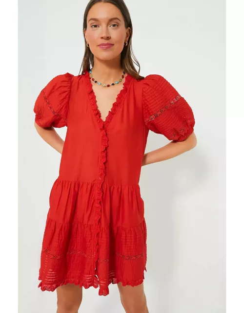 Red Antonina Solid Cotton Puff Sleeve Dres