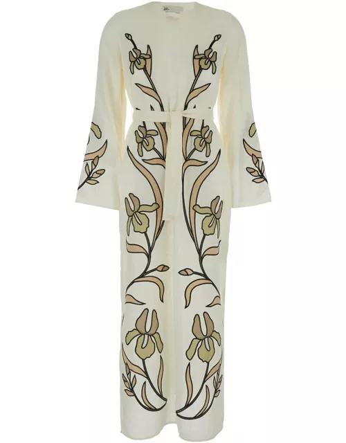 Tory Burch Long White Dress With Floreal Applications In Linen Woman