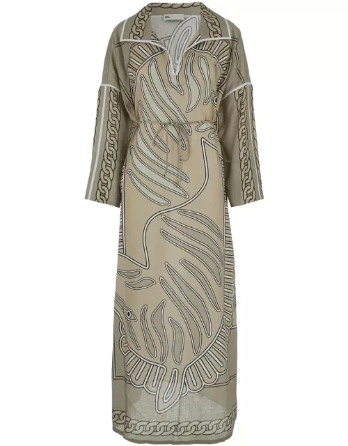 Tory Burch Beige Kaftan Dress With All-over Print In Linen Woman