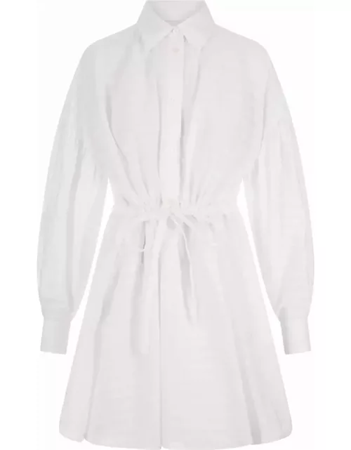 MSGM Short Dress With Adjustable Waist In White Cotton Seersucker