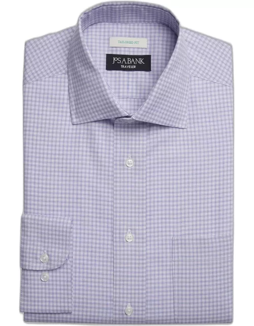 JoS. A. Bank Men's Traveler Collection Tailored Fit Mini Plaid Dress Shirt, Purple, 15 1/2 34