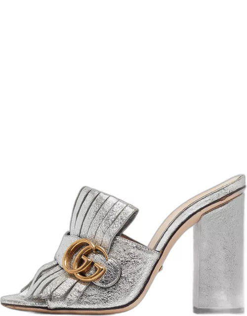 Gucci Silver Textured Leather GG Marmont Fringed Slide Sandal