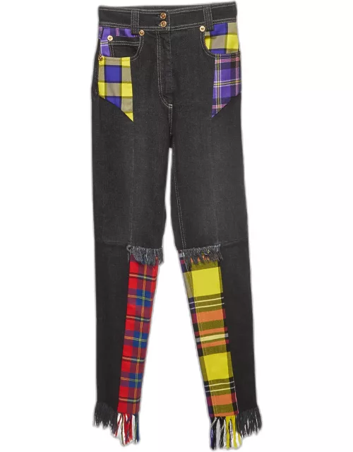 Versace Multicolor Plaid Wool & Denim Frayed Jeans S Waist 24"