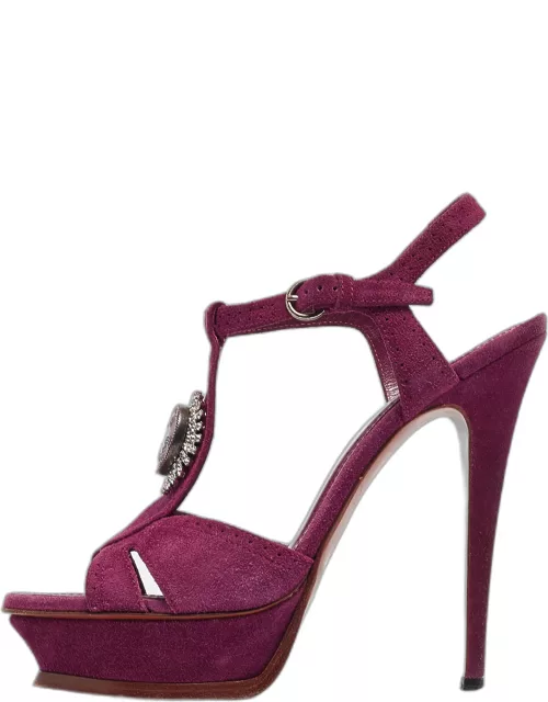 Yves Saint Laurent Purple Suede Buckle Detail Platform Ankle Strap Sandal