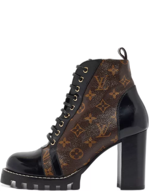 Louis Vuitton Brown/Black Leather and Monogram Coated Canvas Star Trail Block Heel Ankle Boot