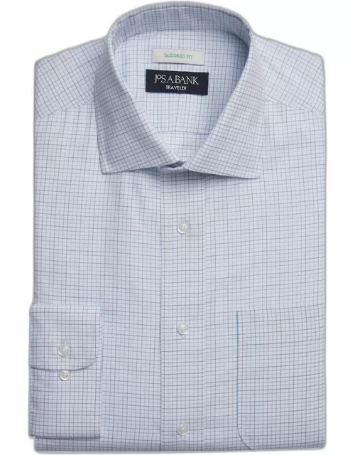 JoS. A. Bank Men's Traveler Collection Tailored Fit Small Grid Dress Shirt, White, 15 1/2 34