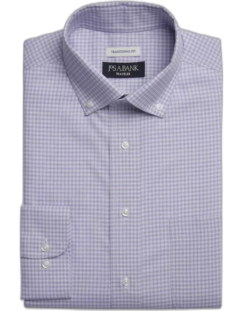 JoS. A. Bank Big & Tall Men's Traveler Collection Traditional Fit Mini Plaid Dress Shirt , Purple, 17 36