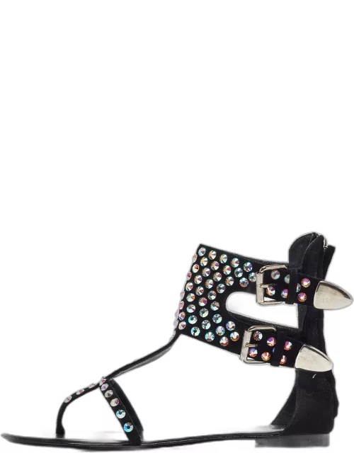 Giuseppe Zanotti Black Crystal Embellished Suede Thong Ankle Cuff Flat Sandal