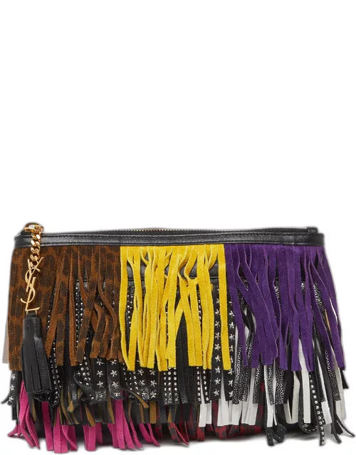 Saint Laurent Multicolor Leather and Suede Fringed Zip Clutch