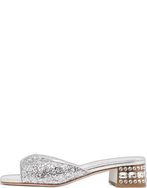 Miu Miu Silver Glitter Embellished Block Heel Slide Sandal