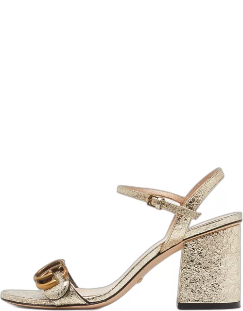 Gucci Metallic Gold Crinkled Leather GG Marmont Ankle Strap Sandal