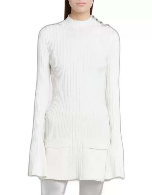 Button-Shoulder Long-Sleeve Rib Mini Sweater Dres