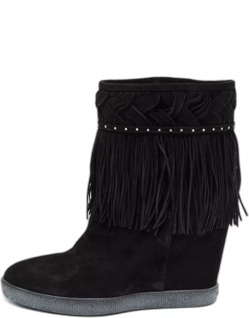 Le Silla Black Suede Concealed Fringed Wedge Boot