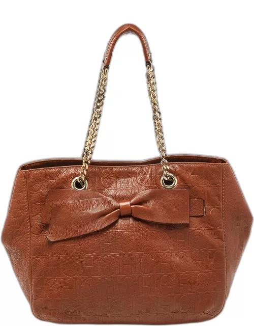 Carolina Herrera Brown Monogram Embossed Leather Audrey Shoulder Bag