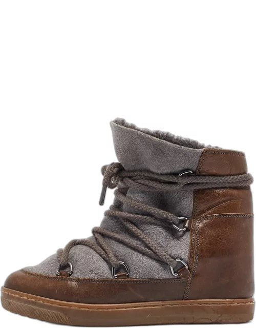 Isabel Marant Brown/Grey Suede Leather Nowels Wedge Ankle Boot