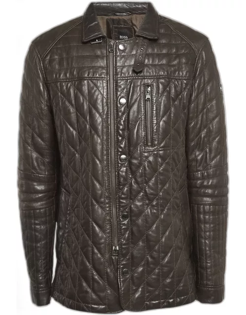 Boss By Hugo Boss Brown Leather Quilted Zip-Up Jacket