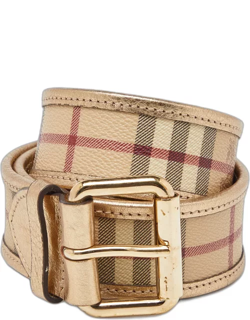 Burberry Beige/Gold Haymarket Check PVC and Leather Buckle Belt 80C