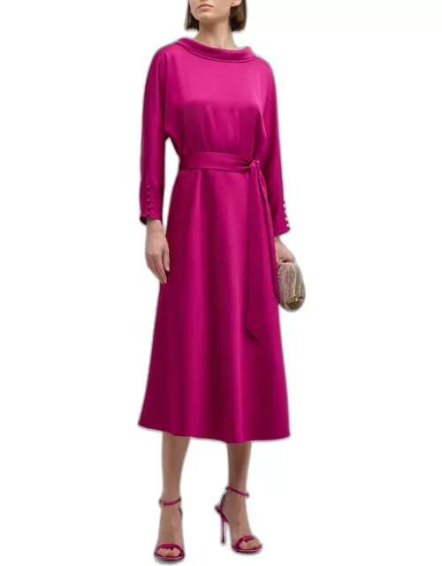 Belted Funnel-Neck Midi Dres