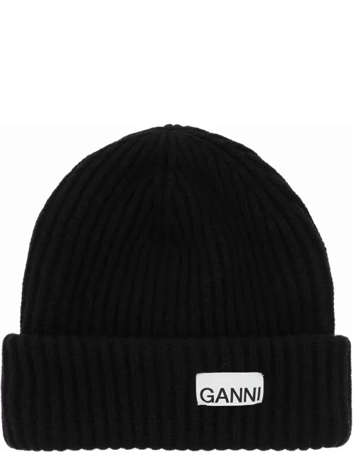 GANNI beanie hat with logo patch