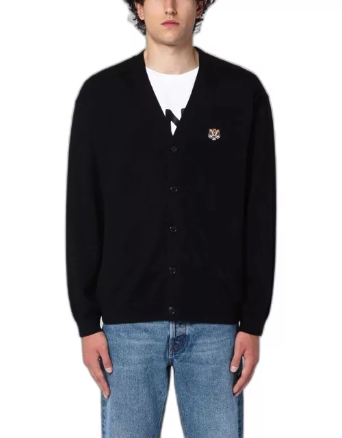 Black wool cardigan with logo patch