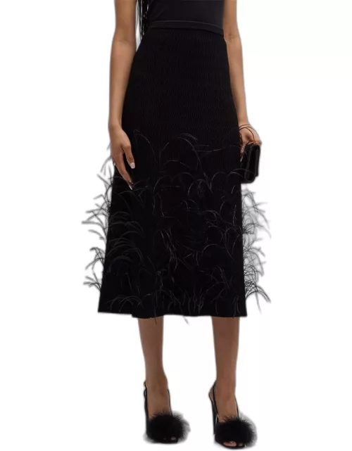 Feather-Embellished Wavy Matte Crepe Midi Skirt