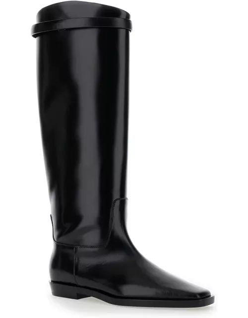 Totême the Riding Boot Black Knee-high Boots With Embossed Logo In Leather Woman