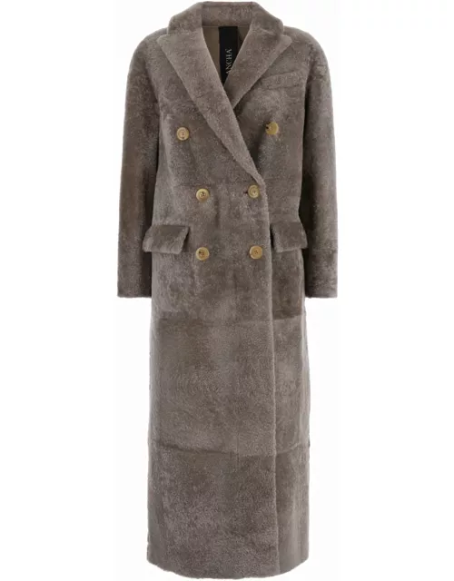 Blancha Brown Long Double Breasted Coat In Shearling Woman