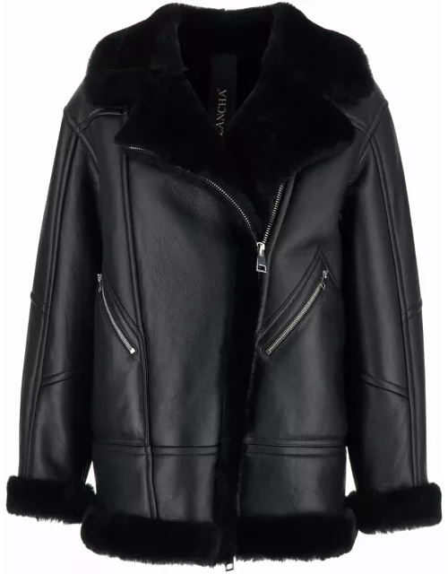 Blancha Black Jacket With Shearling Trim And Zip In Leather Woman