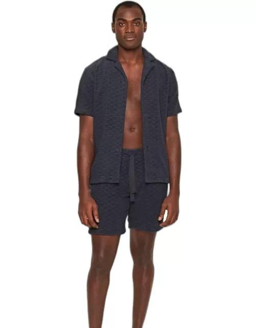 Trevone Towelling - Atom Jacquard Classic Fit Cotton Towelling Sweat Shorts In Night Iris Blue