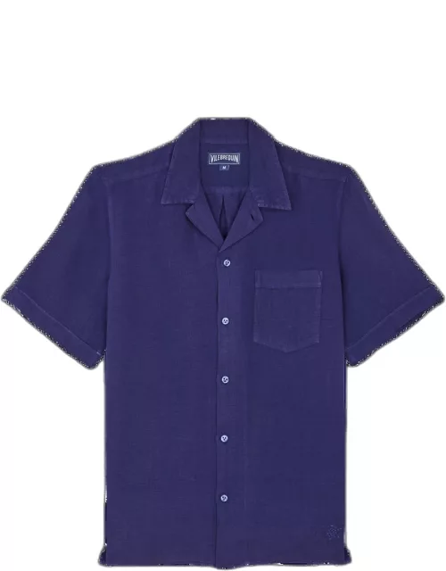 Men Bowling Linen Shirt Solid - Shirt - Charli - Blue